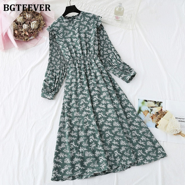 BGTEEVER Vintage Ruffle Chiffon Midi Dress - Timeless Spring Elegance