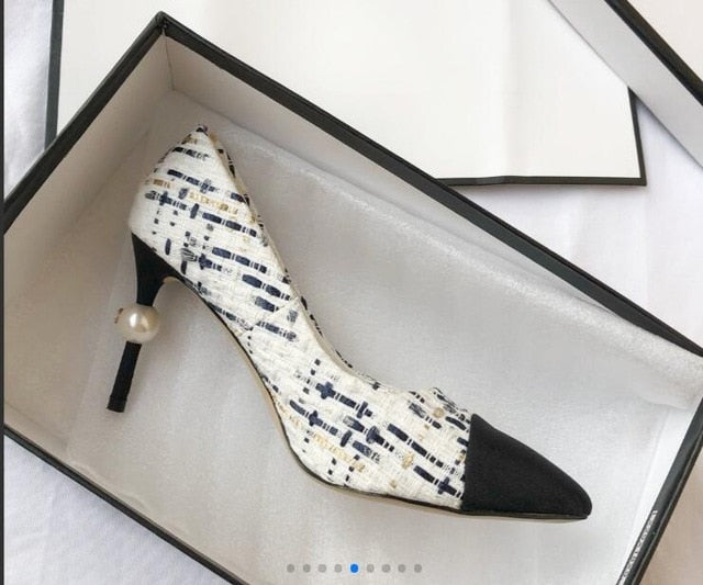 Women's Elegant High Heel Pumps - Black Leather with Pearl Detail