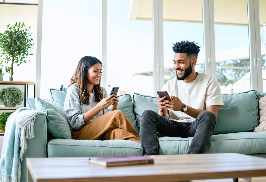 Gen Z couple smiling on a modern sofa, sharing relationship promises over text messages