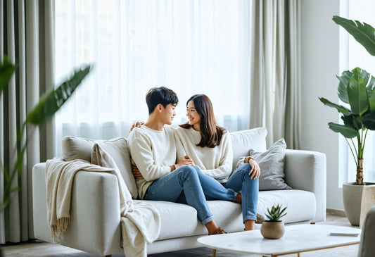 Modern couple sharing relationship promises in a minimalistic living room setting
