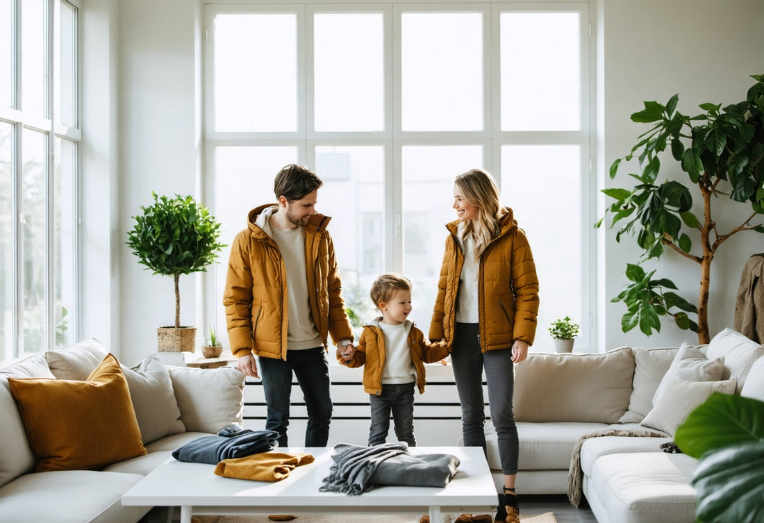 Family wearing matching winter jackets in cozy living room – family winter fashion ideas