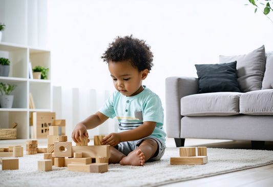 Child playing with sustainable kids toys made from natural wood blocks in a modern living room