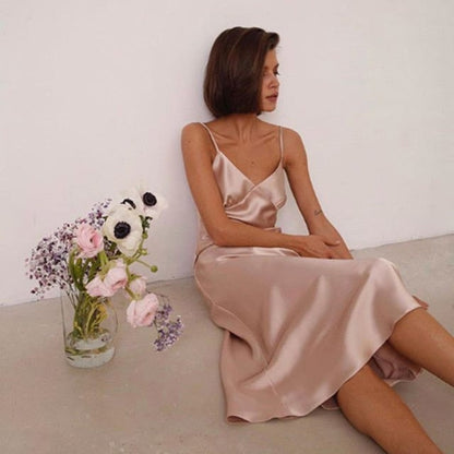 Satin Deep V-Neck Dress - Luxurious Elegance for Special Evenings