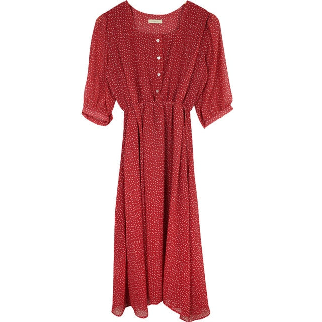 Vintage Square Collar Dot Print Dress - Playful Spring Charm