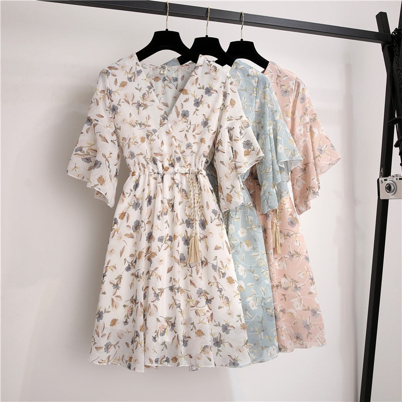 MSFILIA Airy Chiffon Dress - V-Neck Elegance with Sweet Ruffles