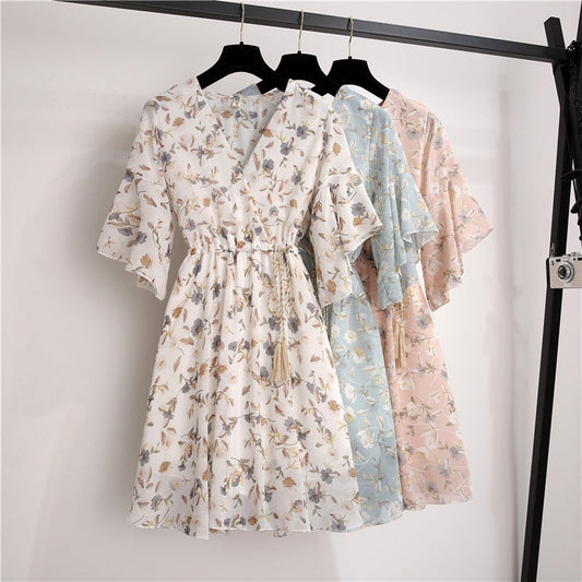 MSFILIA Airy Chiffon Dress - V-Neck Elegance with Sweet Ruffles