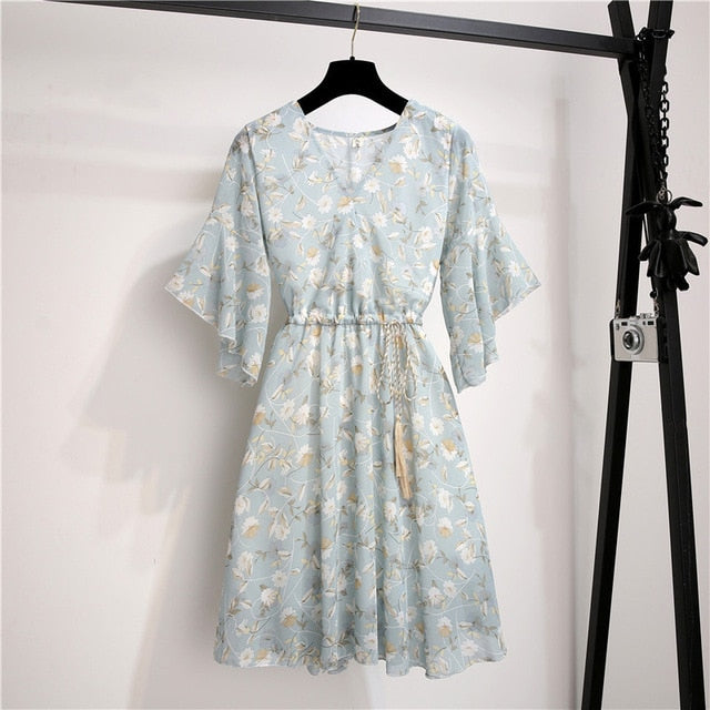 MSFILIA Airy Chiffon Dress - V-Neck Elegance with Sweet Ruffles