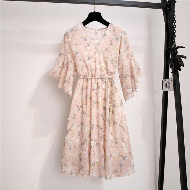 MSFILIA Airy Chiffon Dress - V-Neck Elegance with Sweet Ruffles
