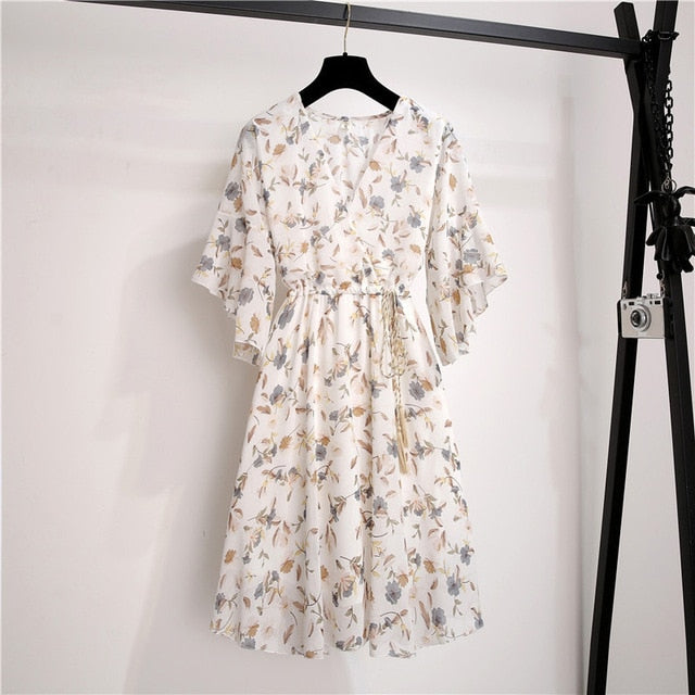 MSFILIA Airy Chiffon Dress - V-Neck Elegance with Sweet Ruffles