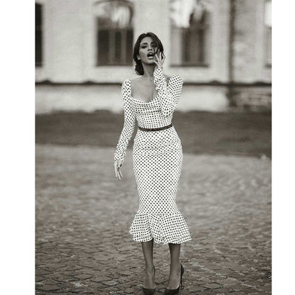 Chic White Polka-Dot Midi Dress - Versatile Elegance for Every Occasion