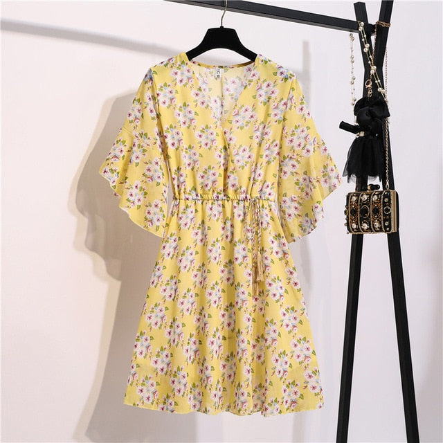 MSFILIA Airy Chiffon Dress - V-Neck Elegance with Sweet Ruffles
