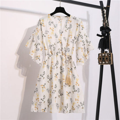 MSFILIA Airy Chiffon Dress - V-Neck Elegance with Sweet Ruffles