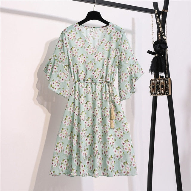 MSFILIA Airy Chiffon Dress - V-Neck Elegance with Sweet Ruffles