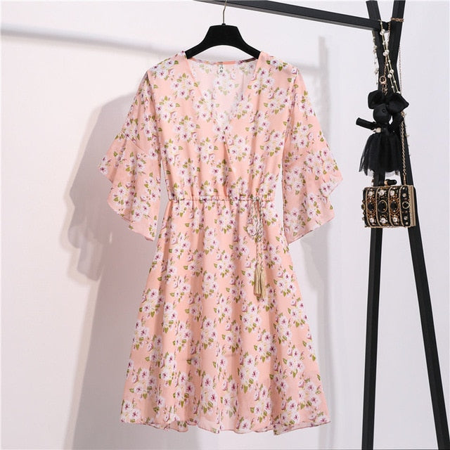 MSFILIA Airy Chiffon Dress - V-Neck Elegance with Sweet Ruffles