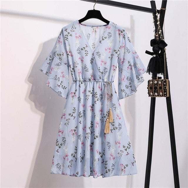 MSFILIA Airy Chiffon Dress - V-Neck Elegance with Sweet Ruffles