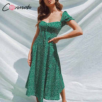 Vintage Party Dress with Ruffles - Green Floral Summer Delight