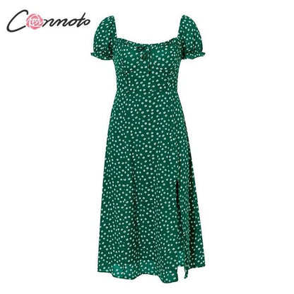 Vintage Party Dress with Ruffles - Green Floral Summer Delight