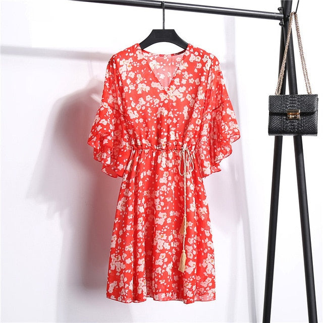 MSFILIA Airy Chiffon Dress - V-Neck Elegance with Sweet Ruffles