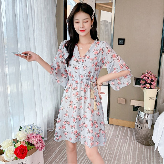 MSFILIA Airy Chiffon Dress - V-Neck Elegance with Sweet Ruffles