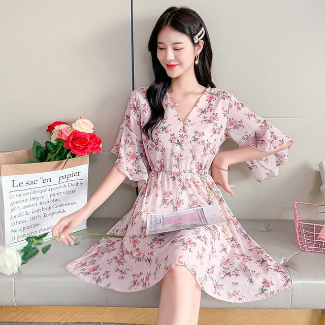 MSFILIA Airy Chiffon Dress - V-Neck Elegance with Sweet Ruffles