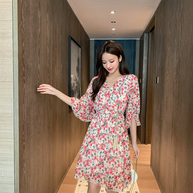 MSFILIA Airy Chiffon Dress - V-Neck Elegance with Sweet Ruffles