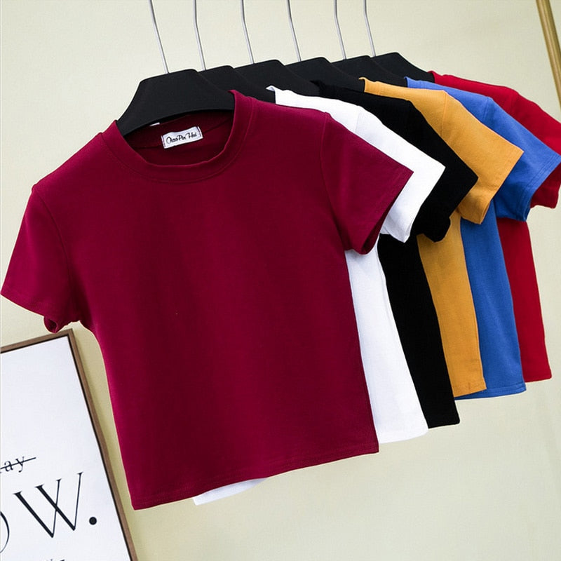 Best Sell O-neck Sexy Crop Top Ladies Short Sleeve T Shirt Tee Shein T-shirt Basic Stretch T-shirts Women Harajuku