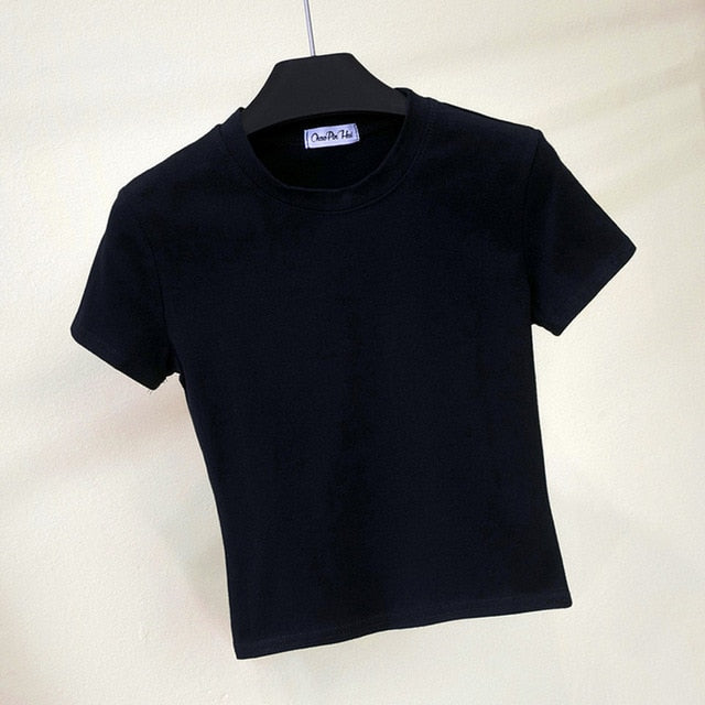 Best Sell O-neck Sexy Crop Top Ladies Short Sleeve T Shirt Tee Shein T-shirt Basic Stretch T-shirts Women Harajuku
