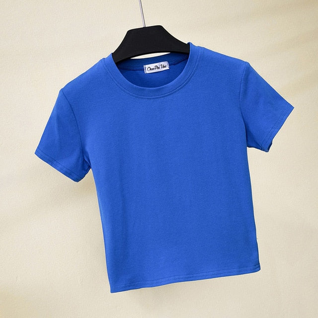 Best Sell O-neck Sexy Crop Top Ladies Short Sleeve T Shirt Tee Shein T-shirt Basic Stretch T-shirts Women Harajuku