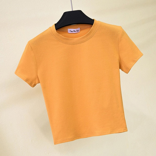 Best Sell O-neck Sexy Crop Top Ladies Short Sleeve T Shirt Tee Shein T-shirt Basic Stretch T-shirts Women Harajuku