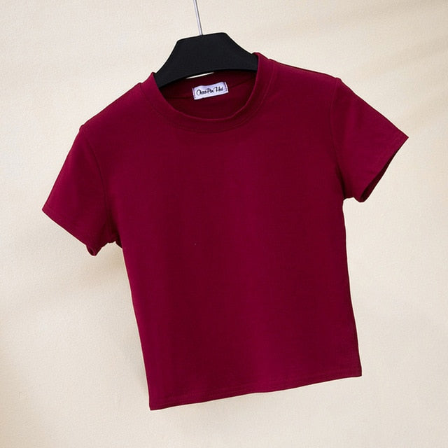 Best Sell O-neck Sexy Crop Top Ladies Short Sleeve T Shirt Tee Shein T-shirt Basic Stretch T-shirts Women Harajuku