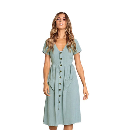 YOZEJIER Cotton Linen Dress - Chic Comfort with Practical Pockets