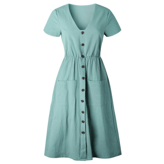 YOZEJIER Cotton Linen Dress - Chic Comfort with Practical Pockets