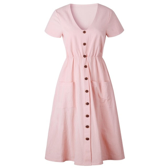YOZEJIER Cotton Linen Dress - Chic Comfort with Practical Pockets