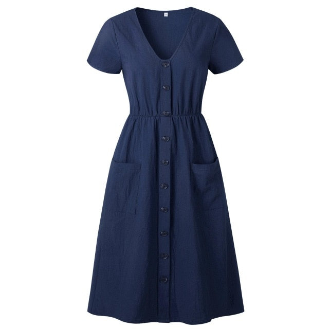 YOZEJIER Cotton Linen Dress - Chic Comfort with Practical Pockets