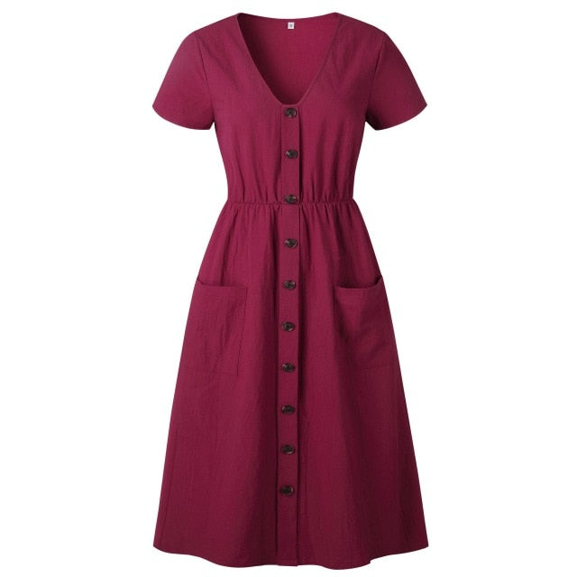 YOZEJIER Cotton Linen Dress - Chic Comfort with Practical Pockets