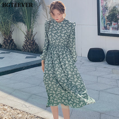 BGTEEVER Vintage Ruffle Chiffon Midi Dress - Timeless Spring Elegance