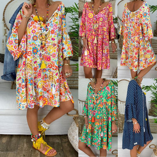 THINKTHENDO Boho Floral Shirt Dress - Embrace Summer's Free Spirit