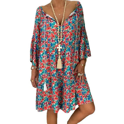 THINKTHENDO Boho Floral Shirt Dress - Embrace Summer's Free Spirit