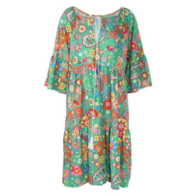THINKTHENDO Boho Floral Shirt Dress - Embrace Summer's Free Spirit