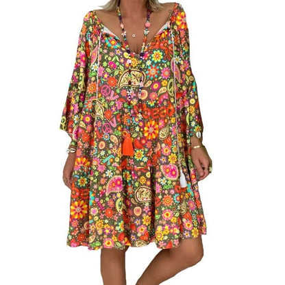 THINKTHENDO Boho Floral Shirt Dress - Embrace Summer's Free Spirit