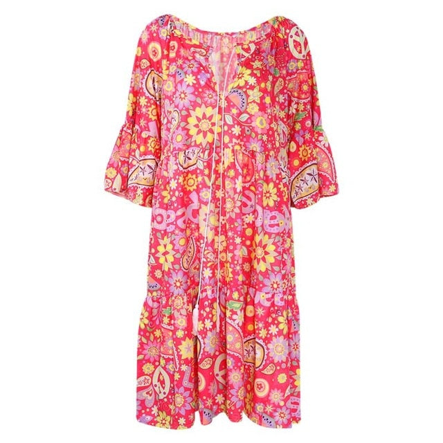 THINKTHENDO Boho Floral Shirt Dress - Embrace Summer's Free Spirit