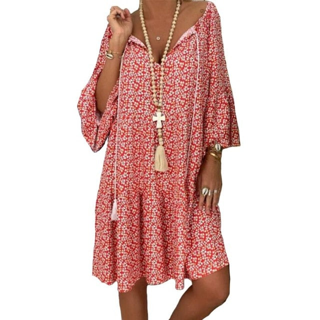 THINKTHENDO Boho Floral Shirt Dress - Embrace Summer's Free Spirit