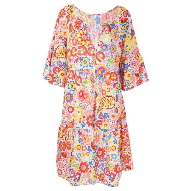 THINKTHENDO Boho Floral Shirt Dress - Embrace Summer's Free Spirit