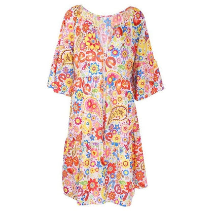 THINKTHENDO Boho Floral Shirt Dress - Embrace Summer's Free Spirit