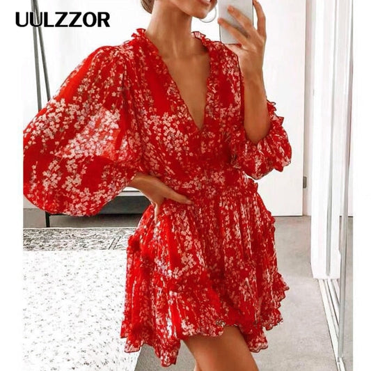 Sexy V-Neck Backless Mini Dress - Lantern Sleeve Elegance