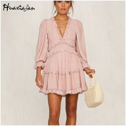 Sexy V-Neck Backless Mini Dress - Lantern Sleeve Elegance