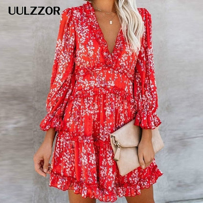 Sexy V-Neck Backless Mini Dress - Lantern Sleeve Elegance
