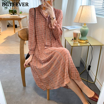 Chic Bow Neck Plaid Dress - Effortless Elegance for Spring