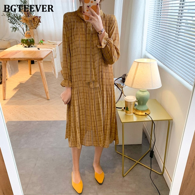 Chic Bow Neck Plaid Dress - Effortless Elegance for Spring