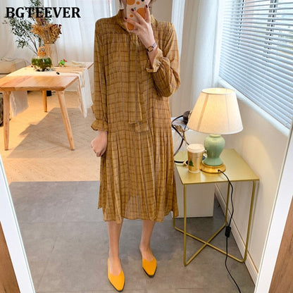 Chic Bow Neck Plaid Dress - Effortless Elegance for Spring